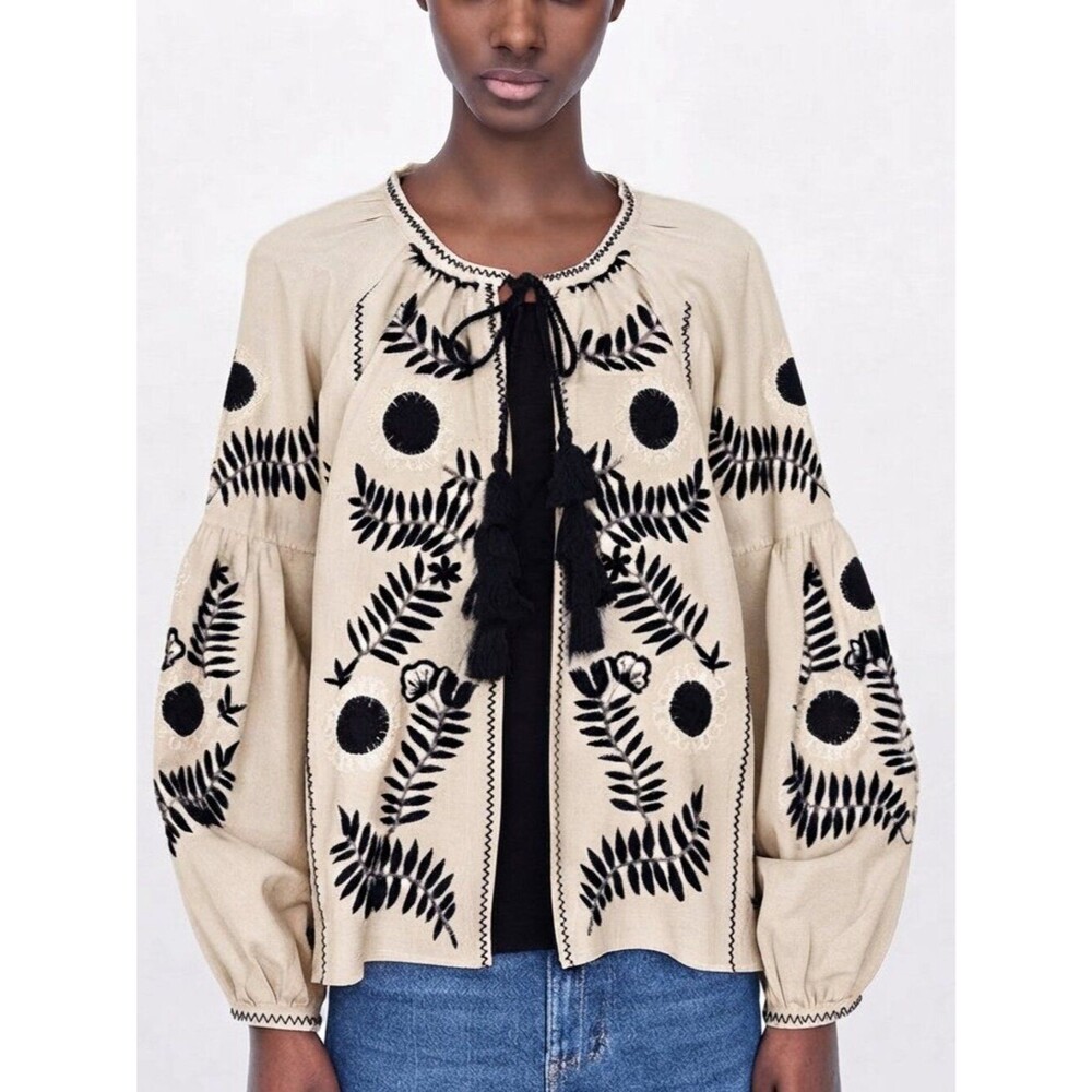 ZARA Blogger’s Favorite Beige Black BohoTassel Tie Embroidered Jacket Size M NWT
